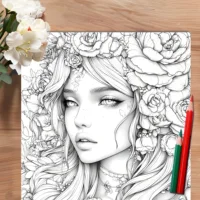 Livre d'images pour adultes : belles femmes en floraison pour une pratique du maquillage avec des portraits détaillés et des techniques de crayons à colorier 2