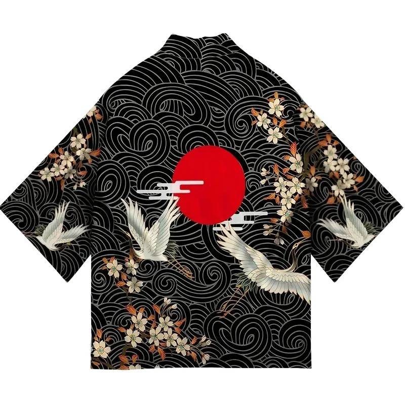 Summer Asian Traditional Dress Men's and Women's Crane Printed Kimono Cardigan Harajuku Yukata Dark Haori Shirt Jacket