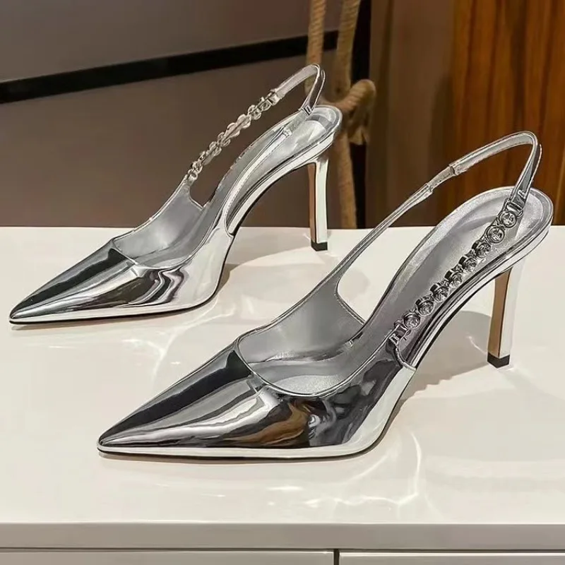 Women Crystal High Heels Slingback Pointy Toe Silver Pumps Fashion Luxury Brands Thin Heel Sandals Metallic Party Casual Shoes 2