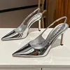 Women Crystal High Heels Slingback Pointy Toe Silver Pumps Fashion Luxury Brands Thin Heel Sandals Metallic Party Casual Shoes 2