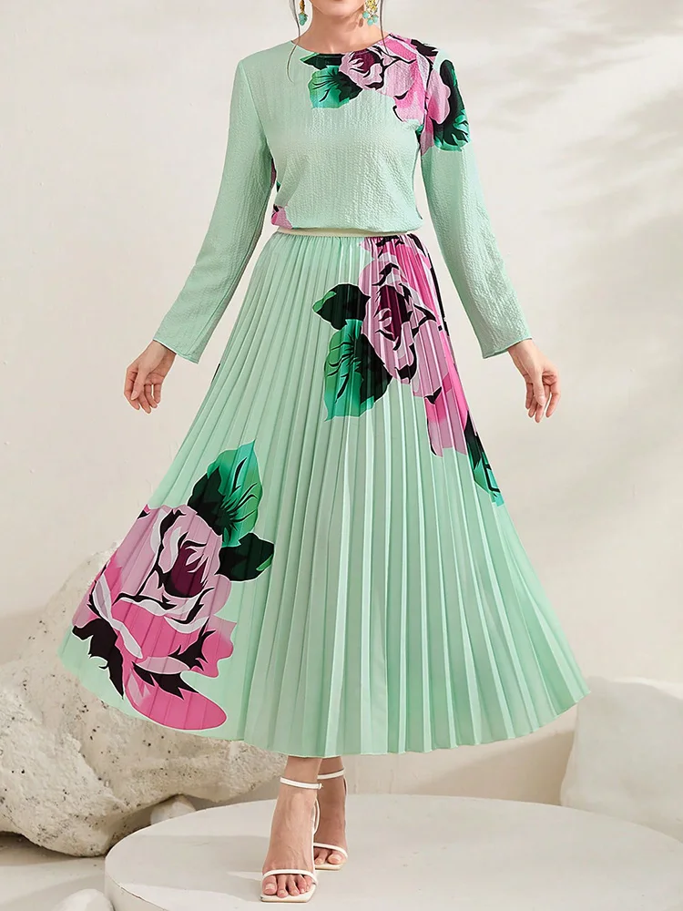 2023 Pleated Floral Women Suit Slim O-Collar Long Sleeve Top+Loose Slim Skirt Casual Party Two Piece Set