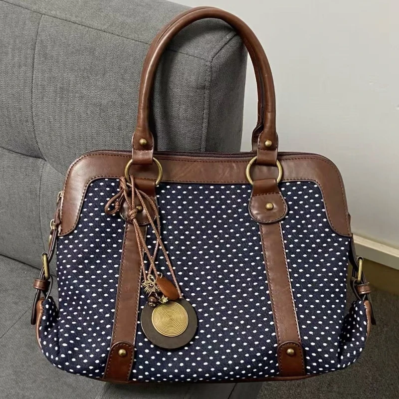 Borsa a Mano Retrò Coreana a Pois, Valigetta Grande Multifunzionale in Pelle Patchwork, Borsa Elegante e Graziosa, Borsa Casual per il Pendolarismo - immagine 2