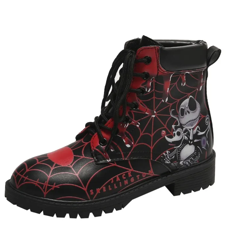 Skulls & Flowers Hippie Women's Leather Ankle Boots - Waterproof Winter Lace-Up Boots With Artistic Design