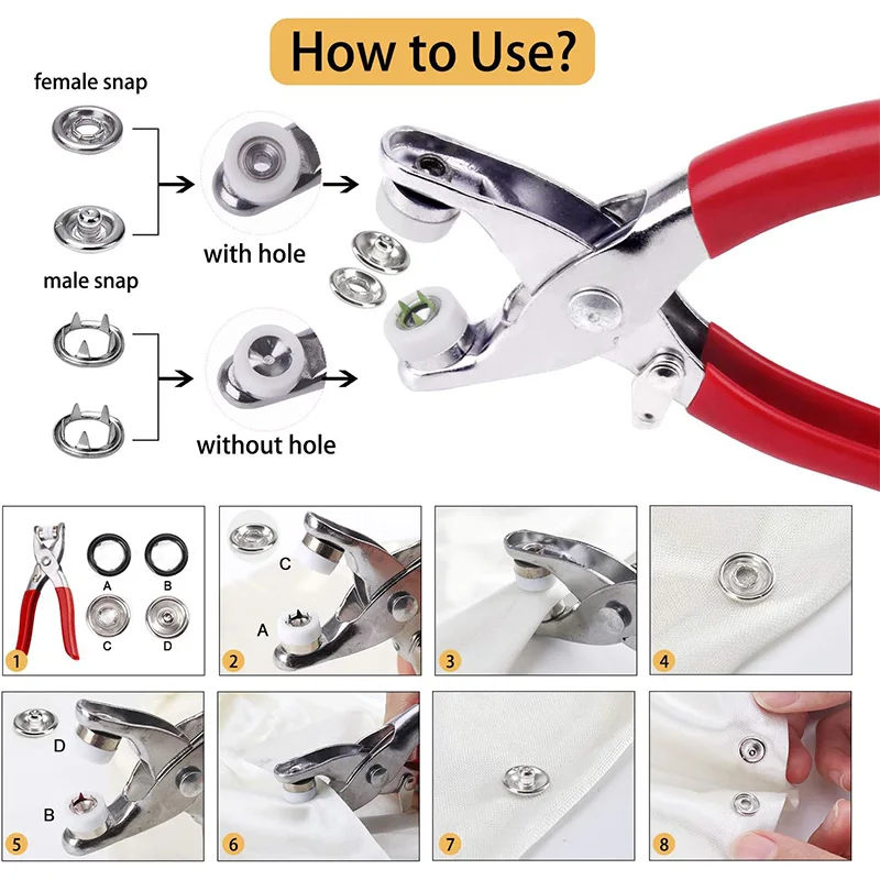 Juego de 100 alicates a presión, ojal automático, alicates de botón a presión de cinco garras para instalar bolsas de ropa, costura y manualidades DIY