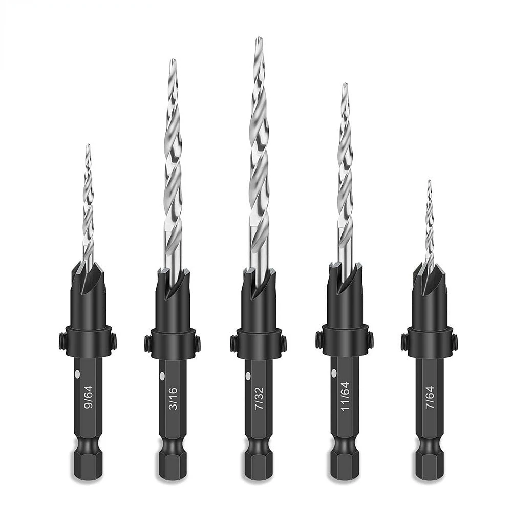 Wood Countersink Drill Bit Set 7/64 9/64 11/64 3/16 7/32 SAE Tapered Drill with 1/4\