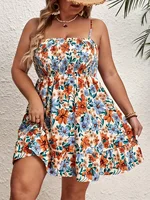Plus Size Summer Elegant Women Dress Vacation Floral Print Dresses Casual Knee Length Slip Dresses