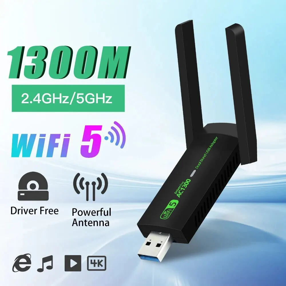 מתאם USB WiFi 1300Mbps דואל בנד 2.4G/5Ghz דונגל Wi-Fi 802.11AC אנטנה חזקה עבור מחשב / מחשב נייד נהג חינם