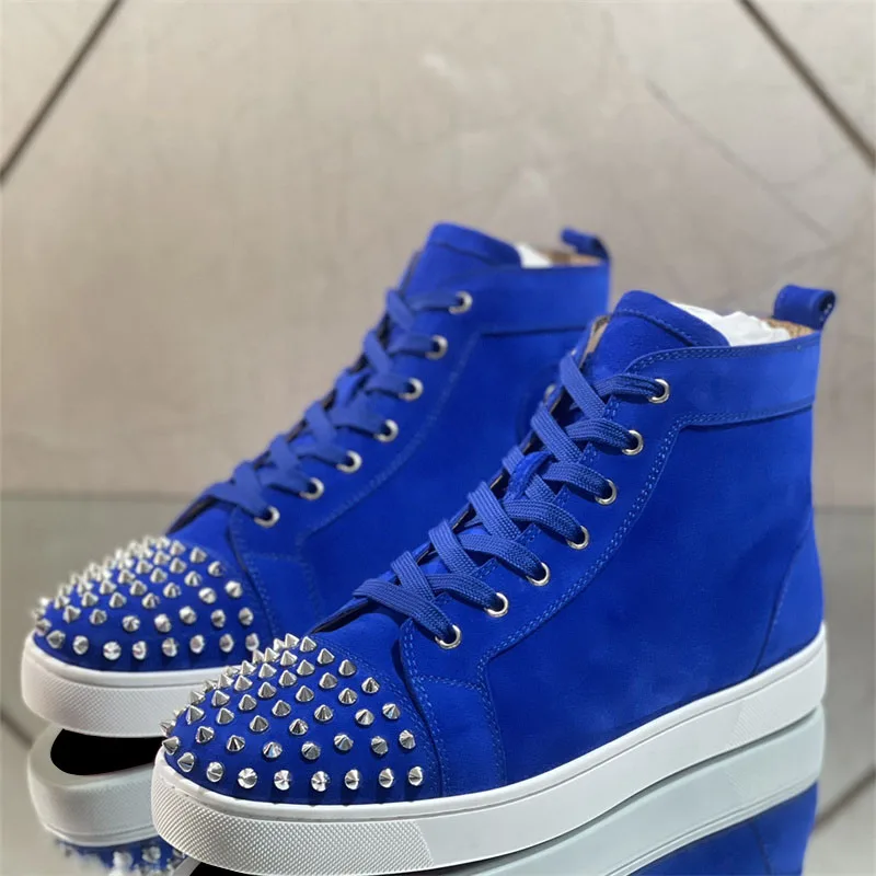 

Luxury Designer Red Bottoms High Top Dark Blue Leather Rivets Shoes For Men's Casual Flats Loafers Women's Tennis Brand Sneakers