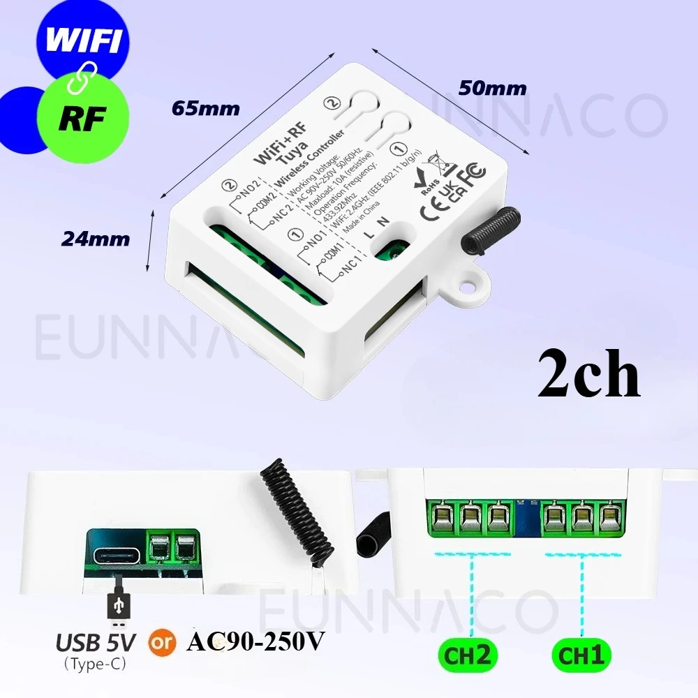 Smart WiFi & RF Remote Control Switch for Lights and Fans - Works with Google Home & Alexa, 2-Channel Dry Contact Relay