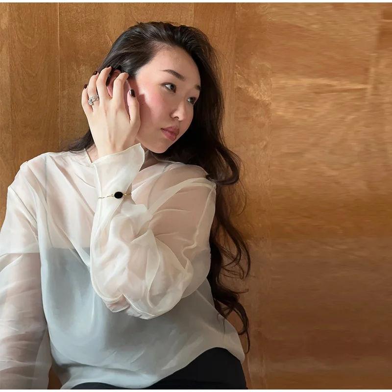 Damen Transparente Organza-Bluse mit Hohem Kragen und Langen Puffärmeln, Locker Sitzende Oberteile Frühjahr 2026, Lässige Damenmode für Büro und Streetwear – Detail 4