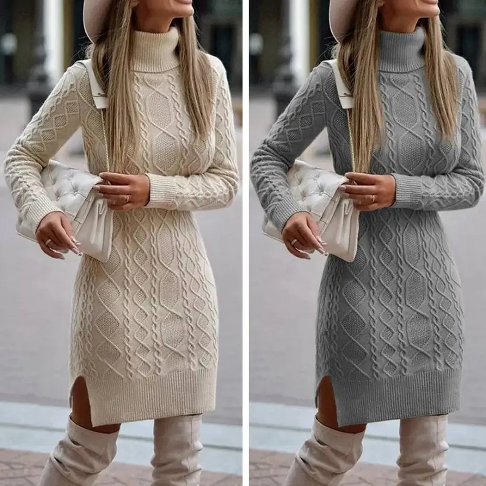 

Knitted Dress Women Turtleneck Long Sleeve Side Split Hem Bodycon Dress Ladies Autumn Winter Twist Sweater Dress Streetwear