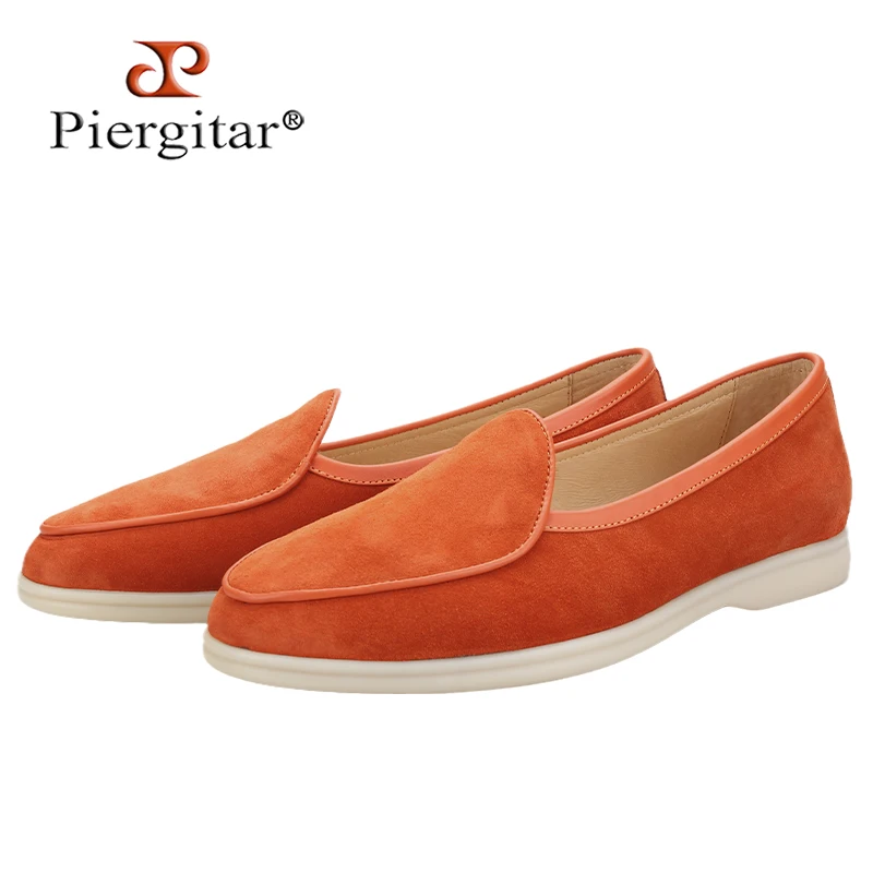 

Piergitar 2023 новые оранжевые замшевые лоферы тапочки британский дизайн белые резиновые подошвы кроссовки ручной работы слипоны мужская повседневная обувь