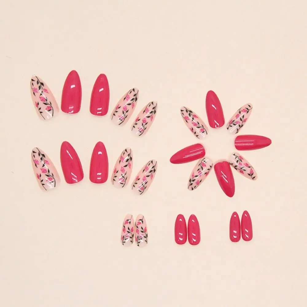 24pcs Long Almond Press-On False Nails - Colorful Wavy Flowers