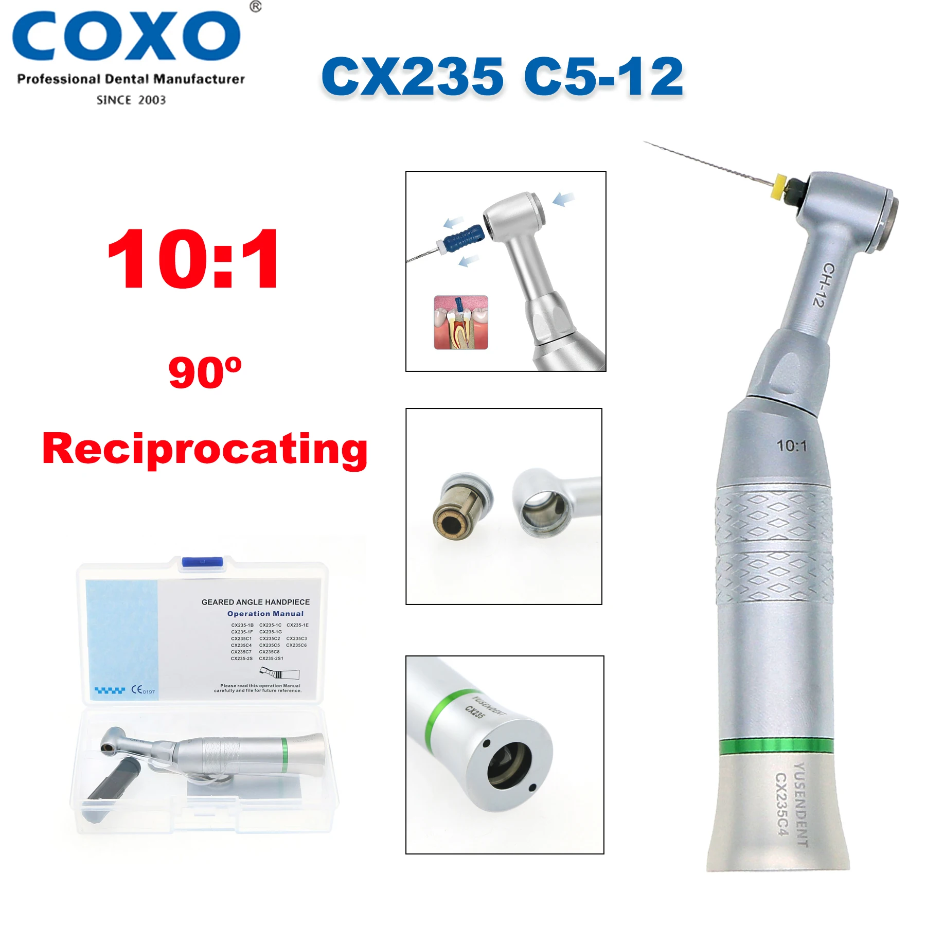 

COXO Dental Low Speed Handpiece 10:1 Endo 90º Reciprocating Contra Angle For Endodontic Treatment Fit KAVO NSK CX235 C5-12