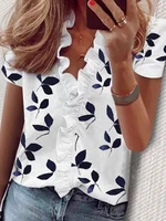 Casual Short Sleeve V Neck Ruffles Blouses Elegant Office Lady Shirts Summer Vintage Harajuku Loose Tops Female Boho Tunic - Image 3