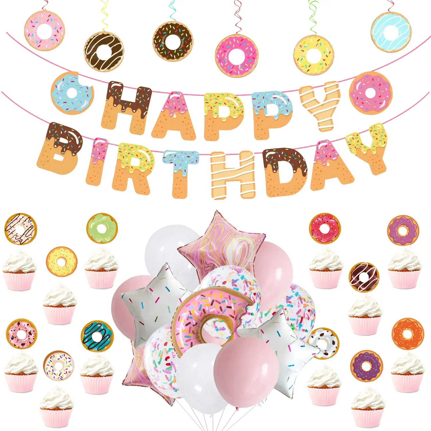 

Sursurprise-Donut Grow Up Party Supplies, Cake Topper, Hanging Swirls, Star Foil Balloons for Baby Girl Birthday Decorations