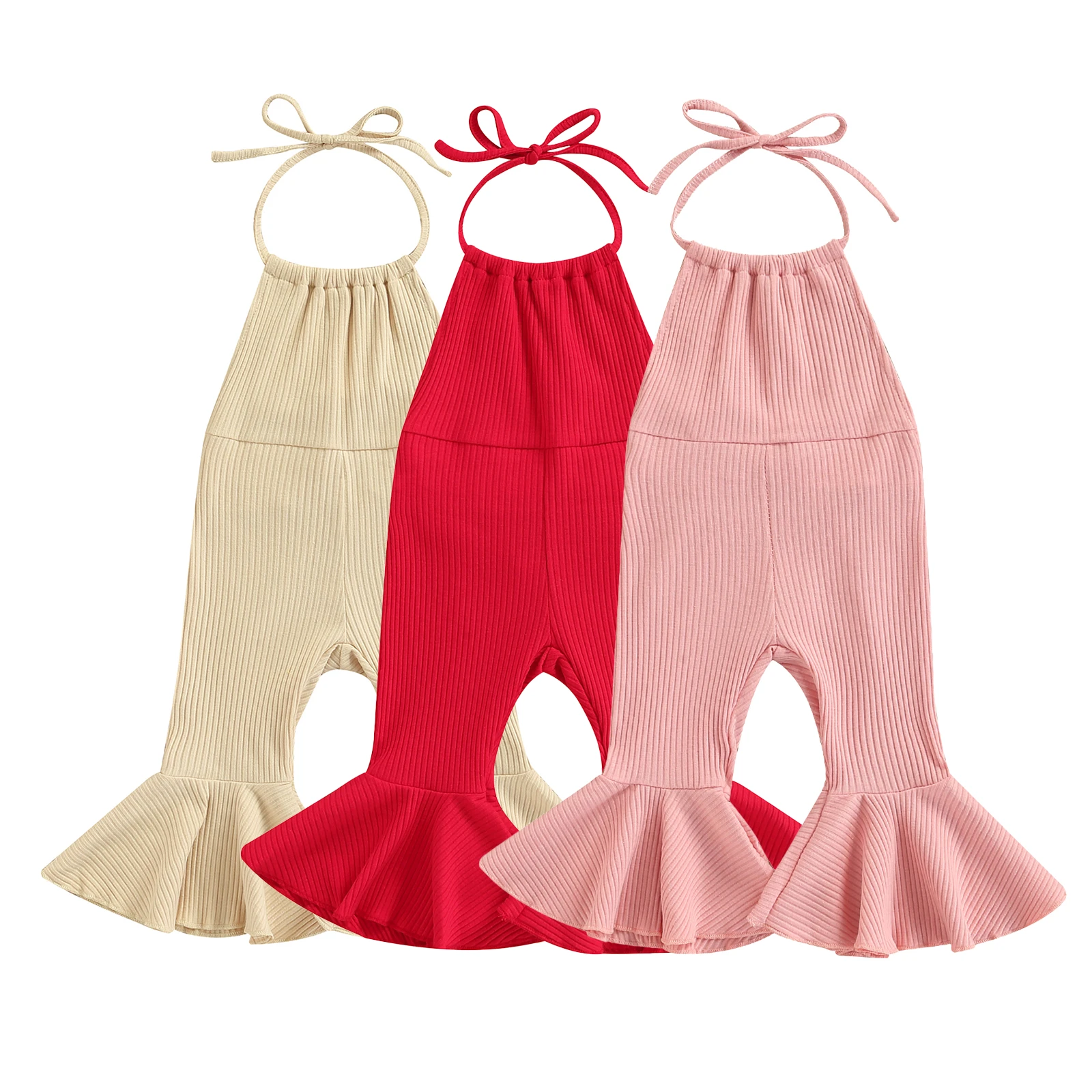 FOCUSNORM 0-4Y Summer Lovely Baby Girls Jumpsuits Pants Solid Ribbed Sleeveless Halter Summer Backless Flare Pants Baby Bodysuits medium