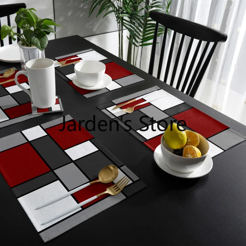 

Deep Red Abstract Geometric Kitchen Dining Table Decor Accessories 4/6pcs Placemat Heat Resistant Linen Tableware Pads Mats