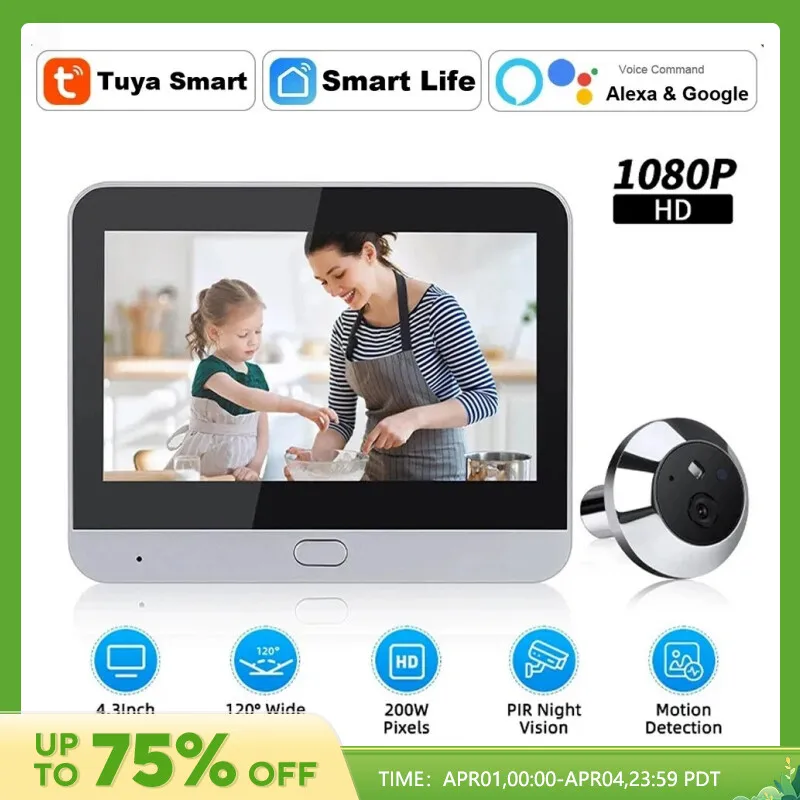 Mirilla WiFi de 4,3 pulgadas Tuya Smart 1080P WiFi mirilla cámara de vídeo visión nocturna para el hogar
