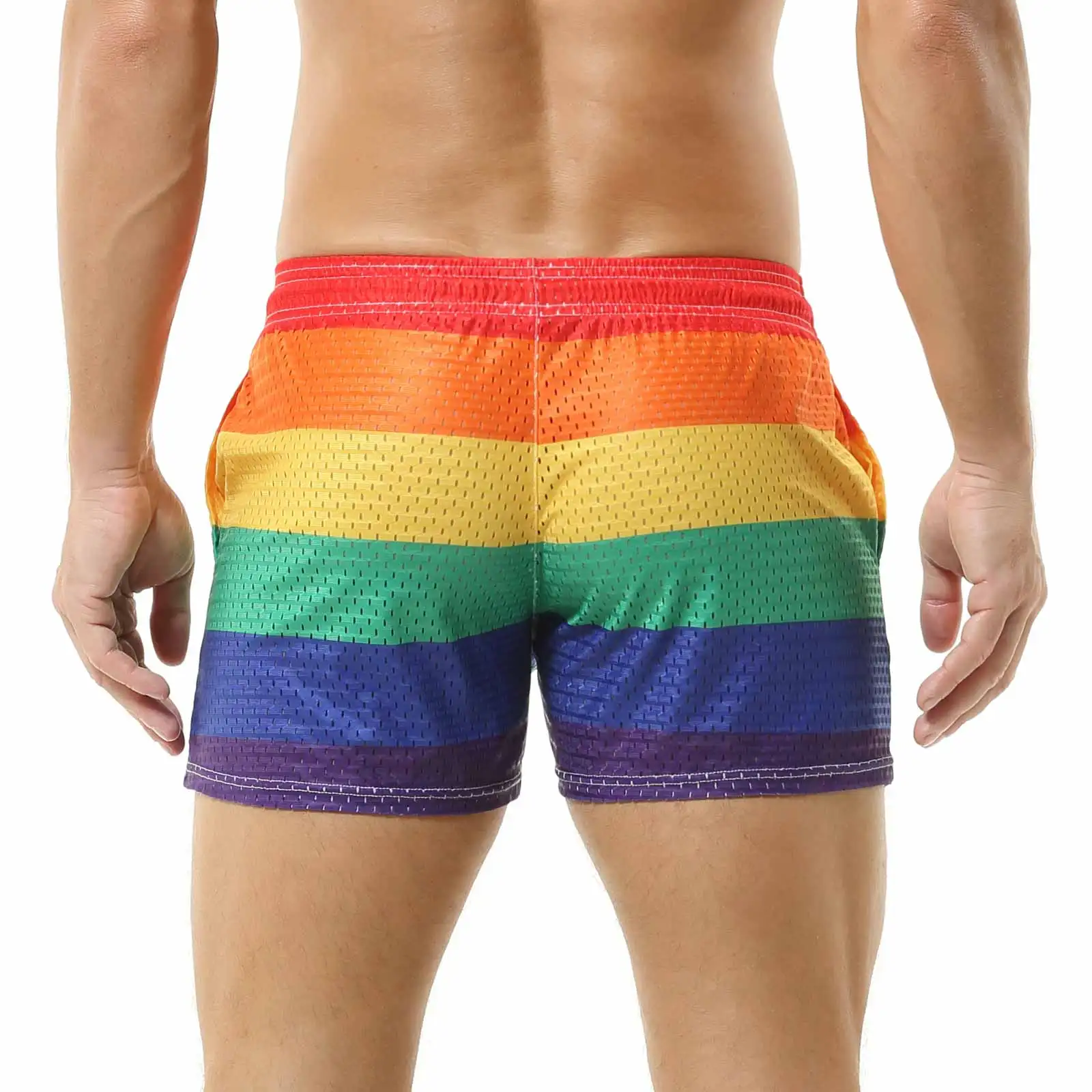 CLEVER-MENMODE Men's Rainbow Casual Shorts Pocket Loose Thin Home Shorts Beach Boxers Tether Mesh Breathable Panties