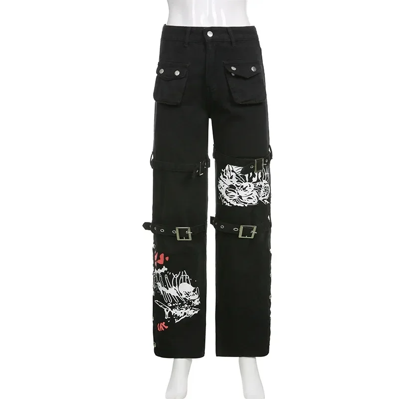 Fashion Gothic Cargo Pants Pocket Split Straight Pants Women Printed Casual Denim Drape Pants High Waisted  y2k Clothes