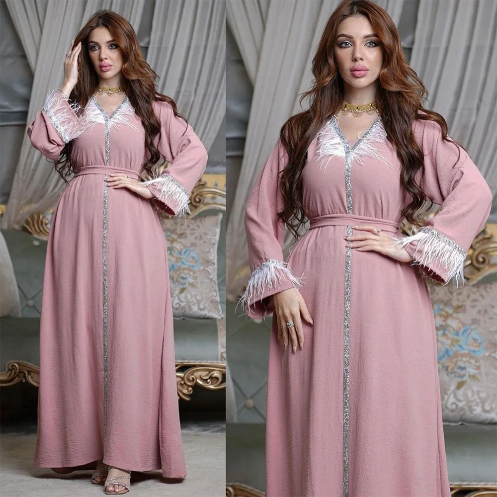 Jalabiya Feather Satin Abaya Dubai Loose Muslim Arabic Dress Moroccan Kaftan Saudi Abayas for Women Islam Party Evening Ramadan