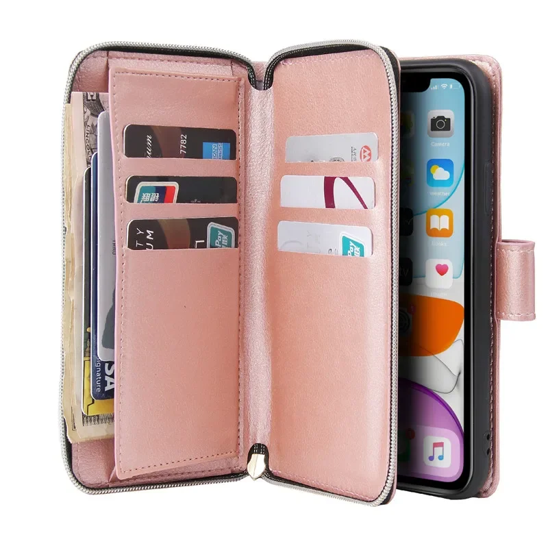 Premium Flip Leather Wallet Case with Zipper Purse and Multi-Card Slots