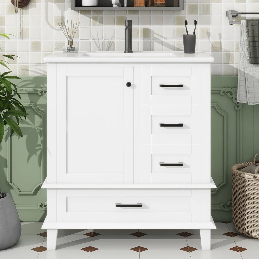 76 x 46 x 83, 5 cm, bodenstehender Badezimmerschrank mit Waschbecken, Volllack, Türregal, drei geräuschlosen Schubladen, integriertes Keramikwaschbecken – Detail 4