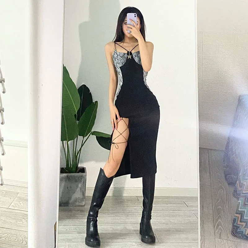 

Соблазнительное платье в стиле Харадзюку с асимметричным змеиным швом, готическое женское платье без рукавов с высокой талией и бантом, черное облегающее платье с разрезом