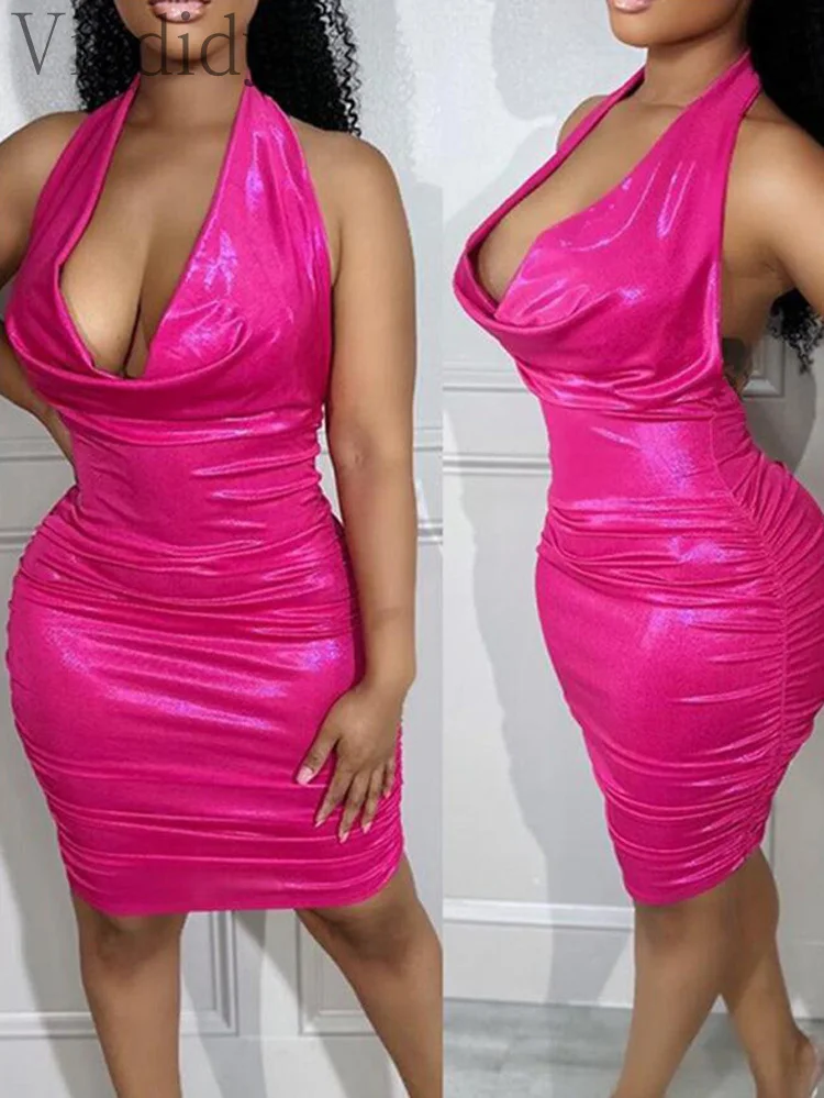 

Women Sexy Solid Color Ruched Halter Backless Mini Dress