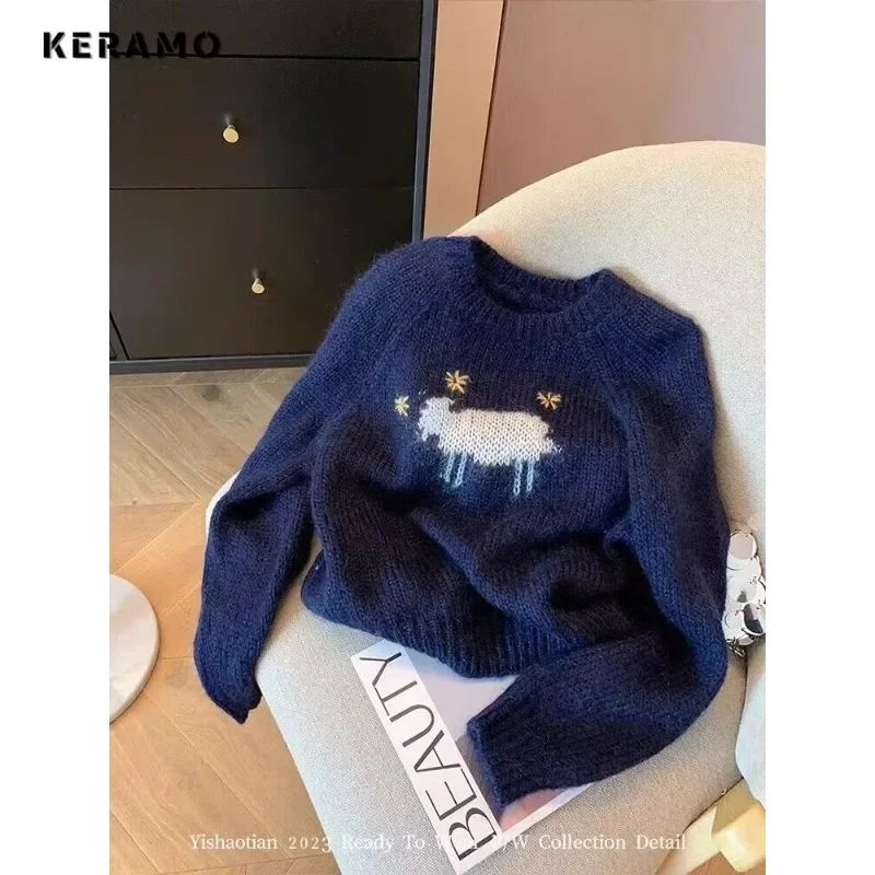 

Y2K Sweet Casual Knitting Long Sleeve Pullovers 2023 Winter Korean Fashion Women Jumpers Cartoon Print Round Neck Ladies Sweater