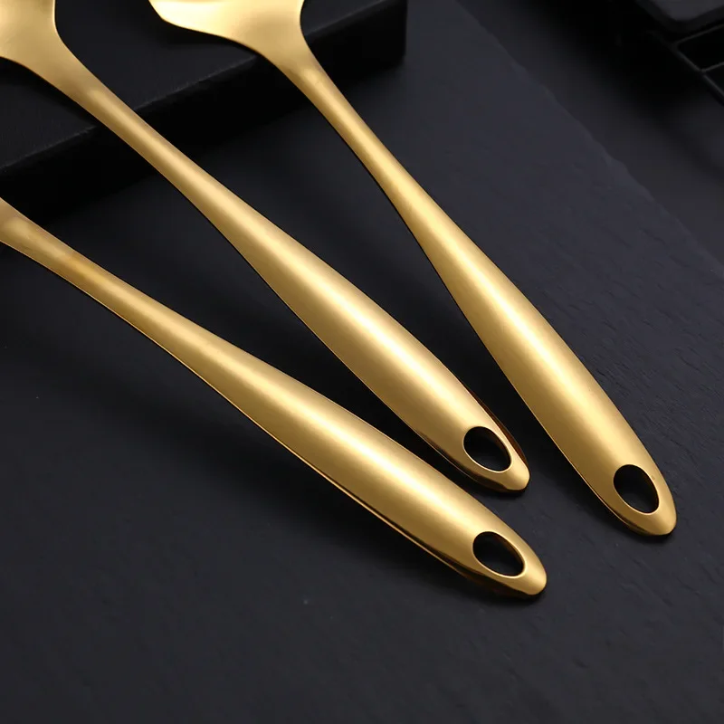 1Pc Korean Stainless Steel Tableware Golden Long Handle Hot Pot Colander Frying Spatula Soup Spoon Kitchen Cooking Gadgets