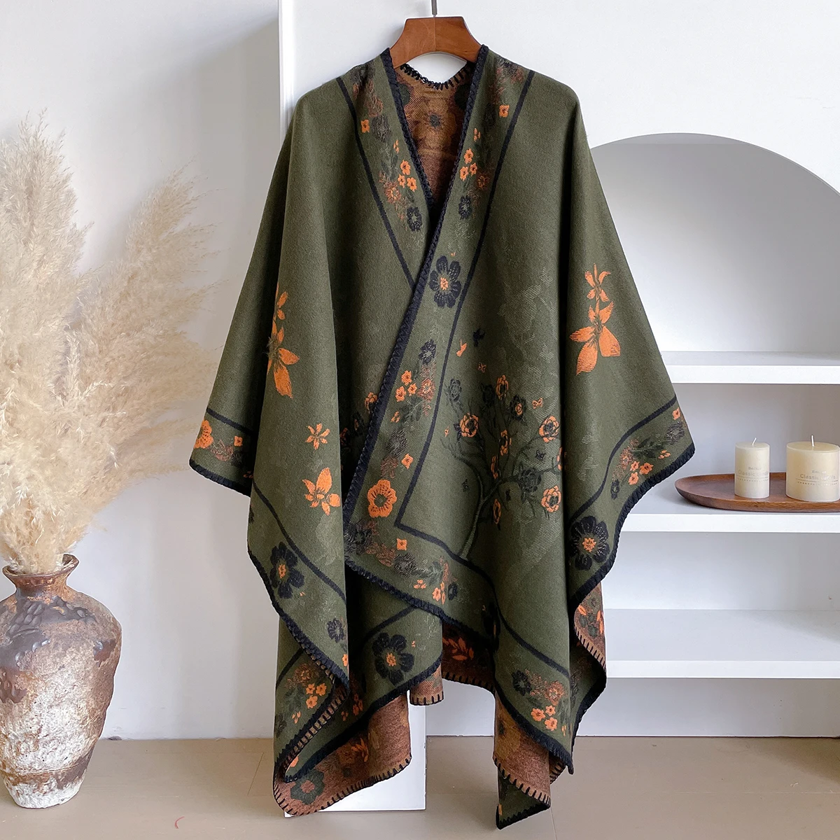 Brand Fashion Women's Cashmere Winter Shawl - Vintage Floral Printed Oil Painting Style Pashmina Thick Wrap & Poncho