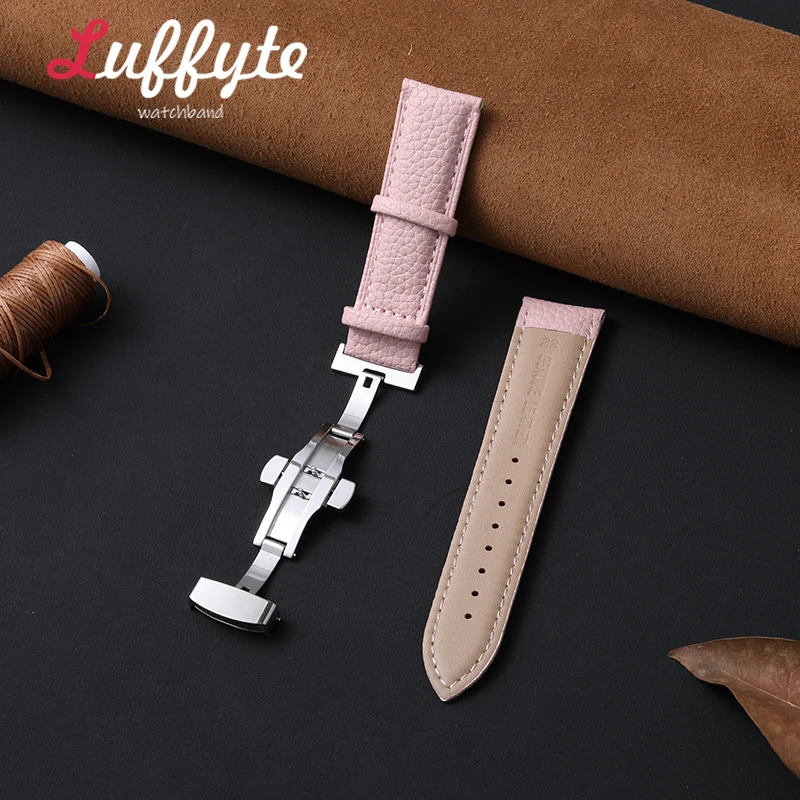 Elegant Lychee Leather Watch Band with Butterfly Buckle - Includes Gift Box