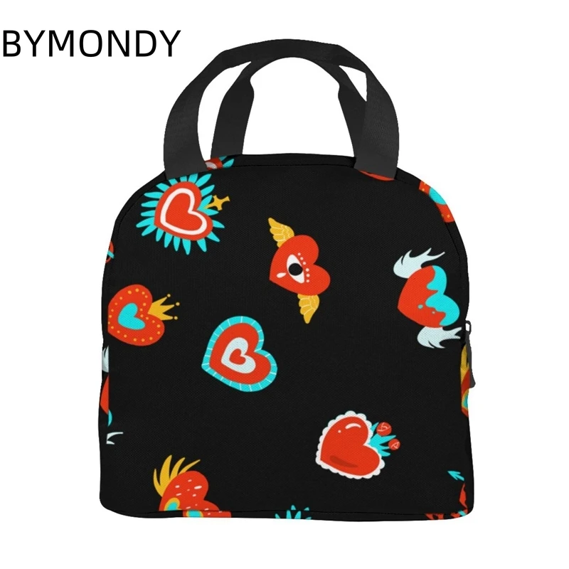 BYMONDY Red Heart Lunch Bags for Women Office Fashion Thermal Cooler Lunch Box Insulated Tote Handbags Children Meal Bento Bag