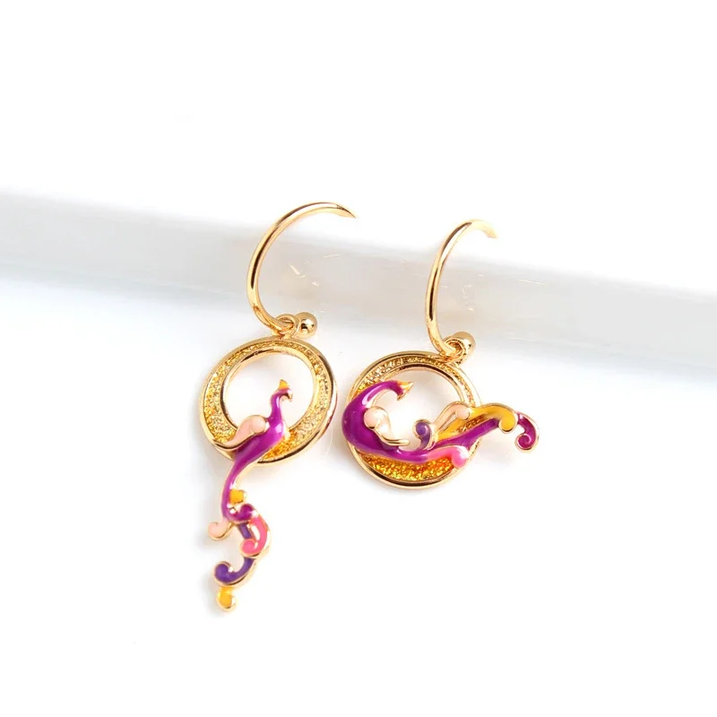 Chinese Style Vintage Enamel Copper Alloy Gild Asymmetric Phoenix Earrings for Women Jewelry Hanfu Party Girlfriend Gift