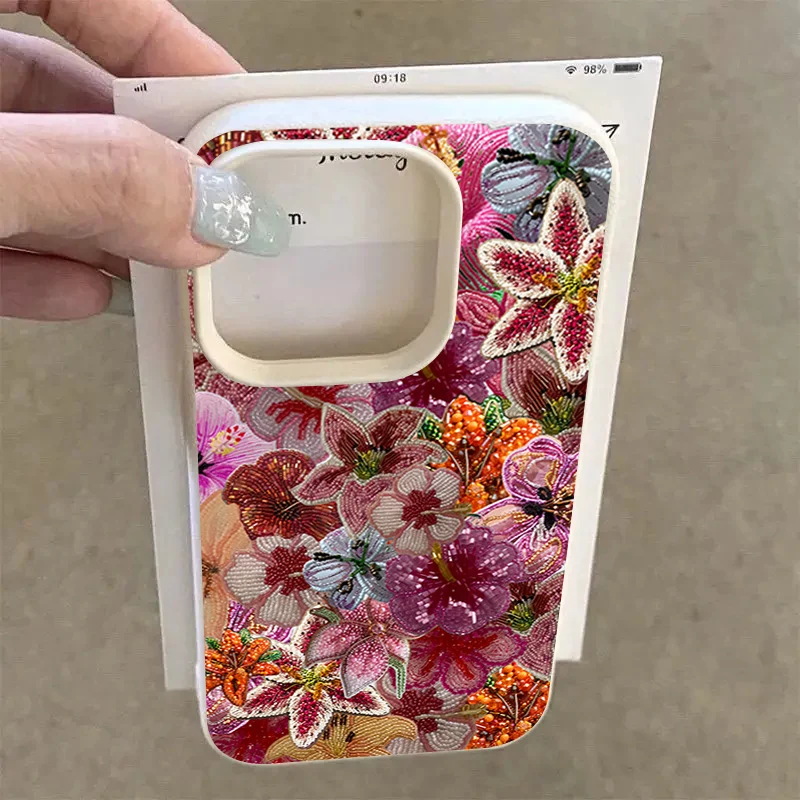 Luxurious Beaded Flower Lychee Texture Phone Case - Silicone Soft Cover