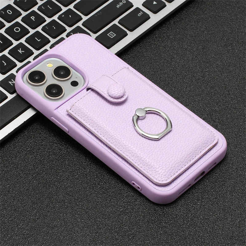 Leather Phone Case with Card Slots and Metal Ring Holder - Wallet Back Cover