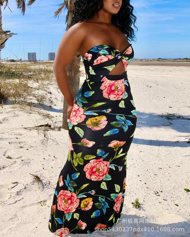 

Women Summer Floral Print Bandeau Twisted Maxi Dress Sleeveless Strapless Sexy Long Dress Flower