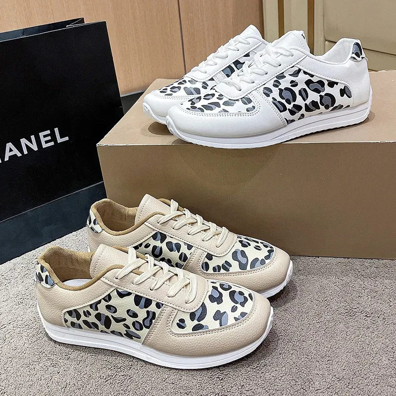 Ladies' Spring Fashion Leopard Print New Casual Single Shoe with Soft Sole and Lace Up Outdoor Hiking Breathable Sneakers Shoes