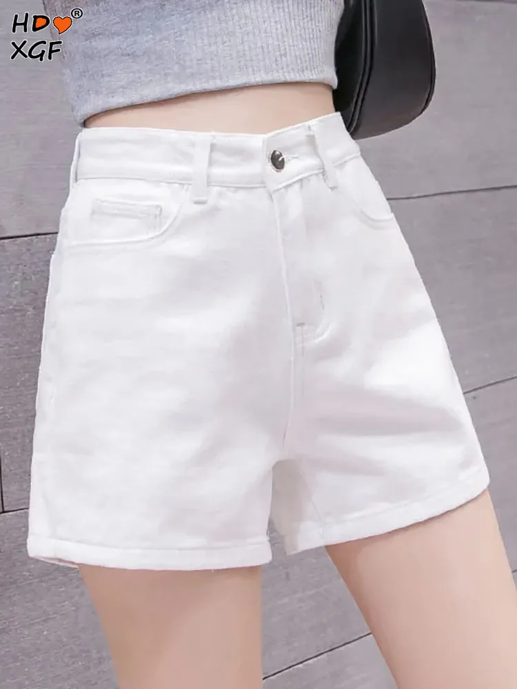 

Vintage White Plus Size Short Denim Pants For Women Summer Button High Waist Short Jeans Korean Fashion Casual Shorts Streetwear