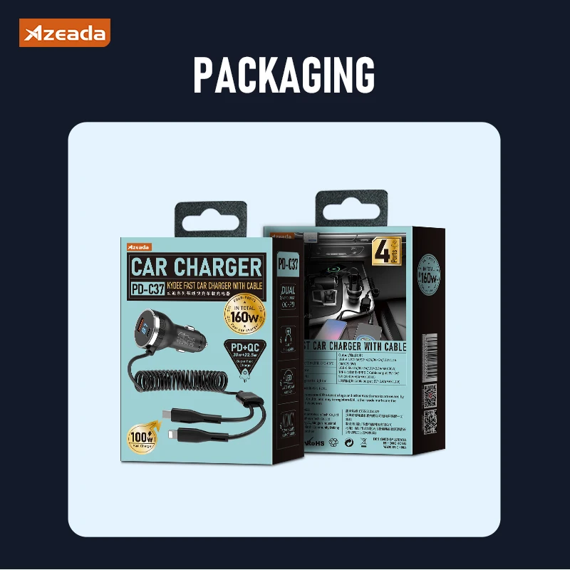 Gadgetoo Azeada 160W Usb Type C Fast Car Charger With Elastic Cable Portable For Iphone 15 14 Pro Max Tablets Gps Xiaomi 13 Oneplus Oppo