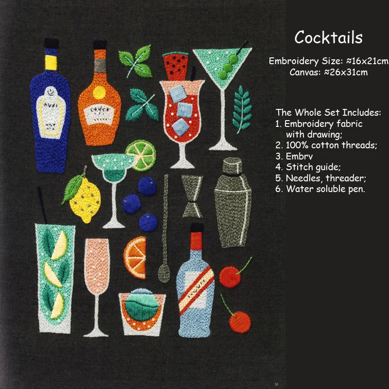 Vintage Embroidery Set Kit Cocktails Wine Beer Champagne Drink Needlepoint Canvas Work Art Needlework Collection Home Decor