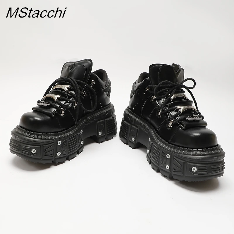 Gothic Women Sneakers Rock 6cm Platform Shoes Punk Style Metal Decoration Heel Height Lace-up Rivet Thick Bottom Leather Shoes