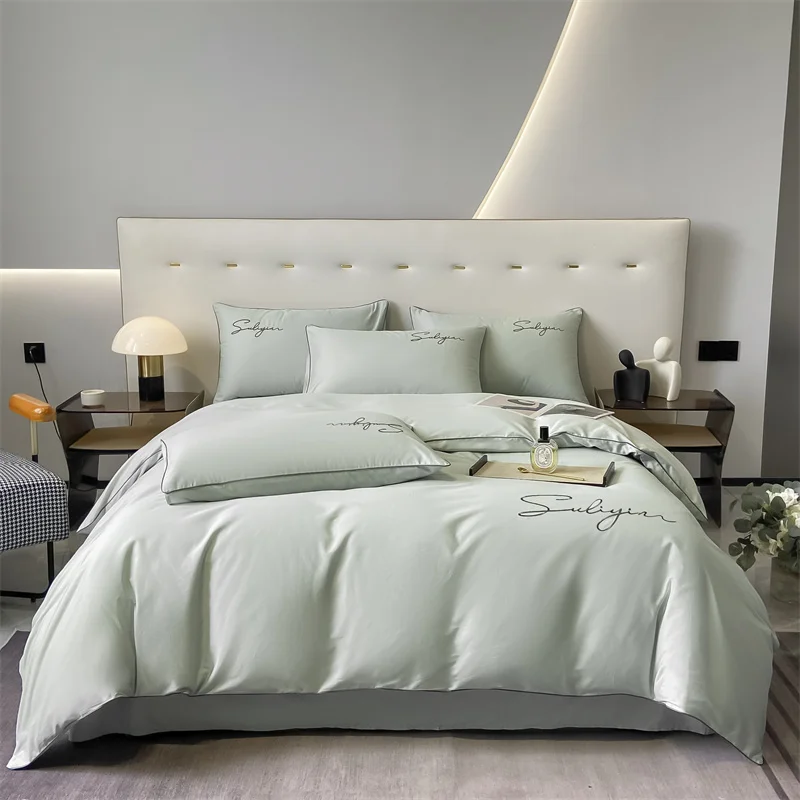 Luxury Embroidery Bedding Set Egyptian Cotton 400TC Duvet Cover Flat Fittedsheet Single Double Queen King Quilt Cover Pillowcase 3