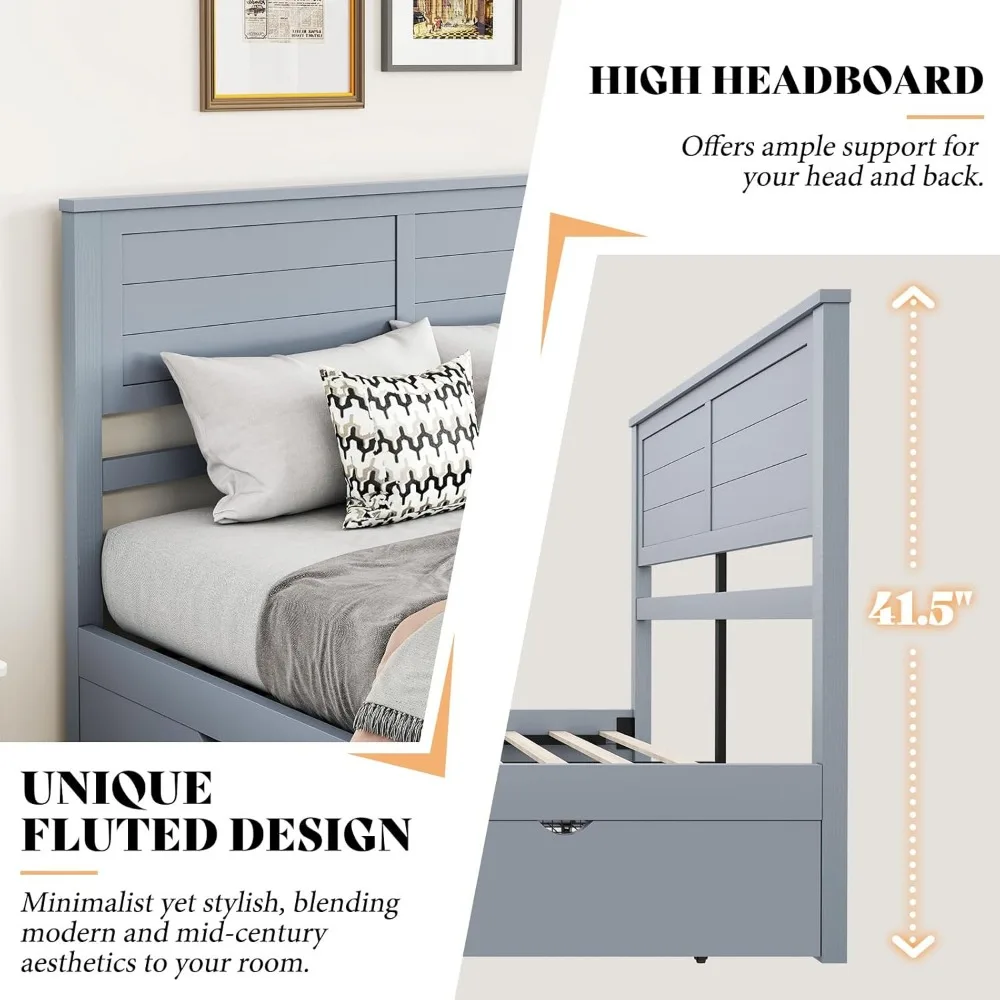 Twin Bed Frame with Headboard, Platform Bed with 4 Storage Drawers, Wood Bed Frame for Bedroom, Wood Slats Support, Grey 5