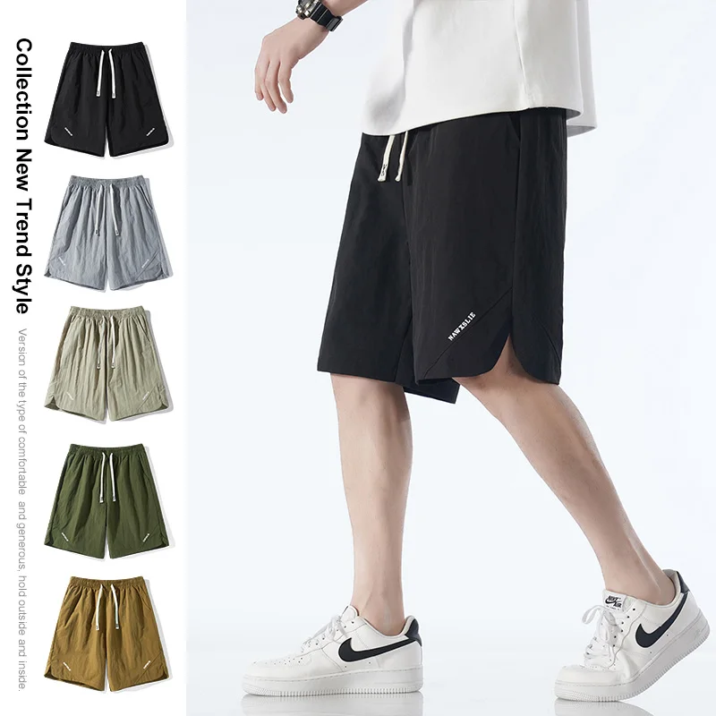 Ice Shreds Trousers Men's 2024 New Summer Solid Color Elastic Drawstring Letter Pockets Fashion Trendy Loose Young Style Shorts