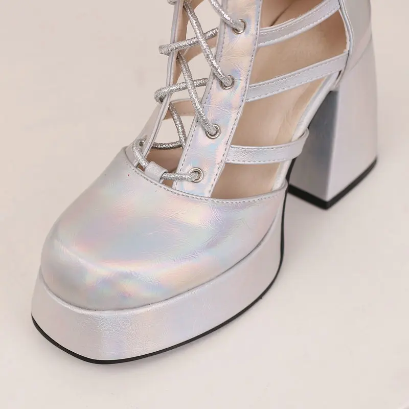 Women's Boots Sandals Punk Lace Up Gladiator Sandals Closed Toe Summer Shoes Platform Block High Heels Back Zipper Design