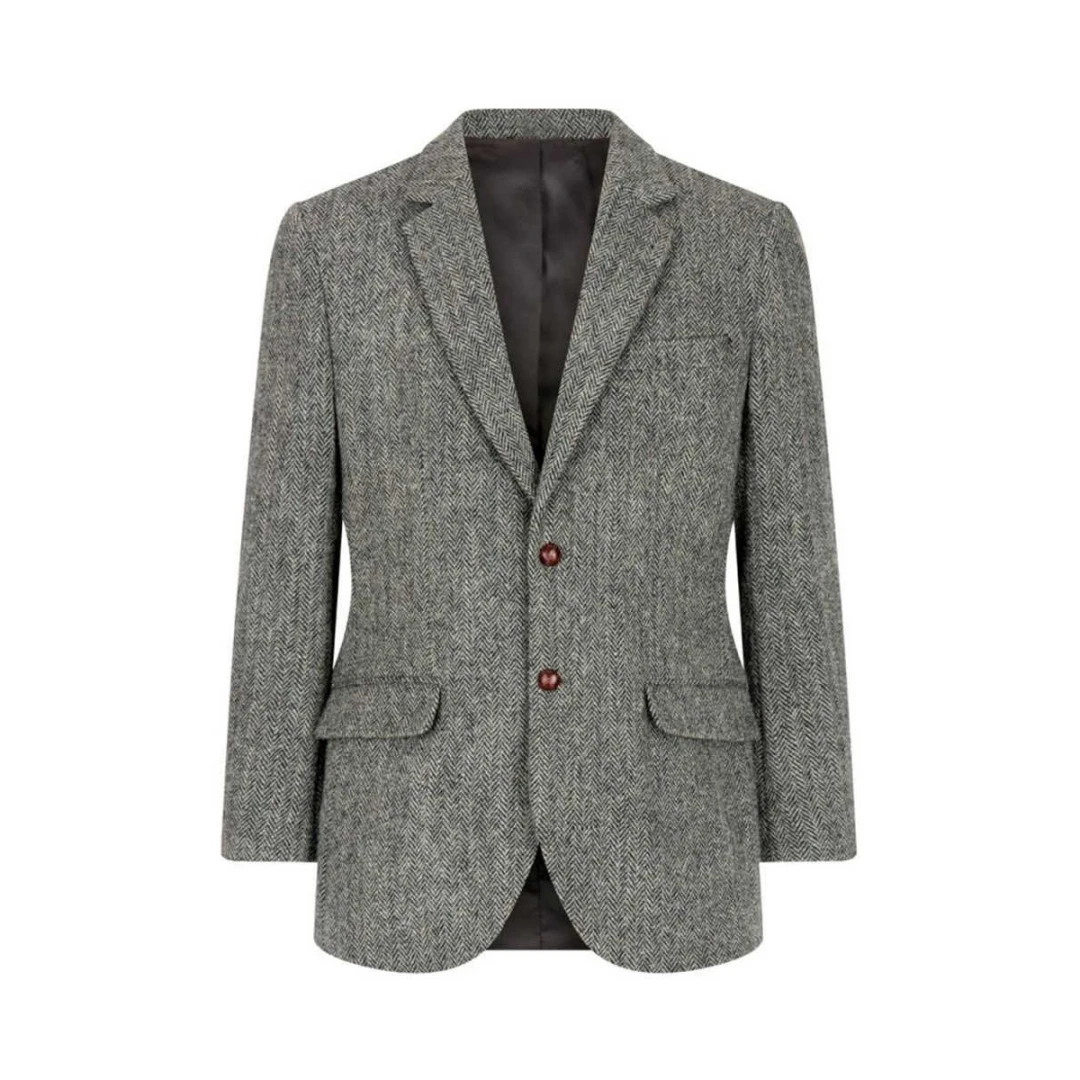 Gray Wool Tweed Winter Suit Blazer Single Breasted Notch Lapel Herringbone Jacket Formal Fashion for Wedding/Business Outwear