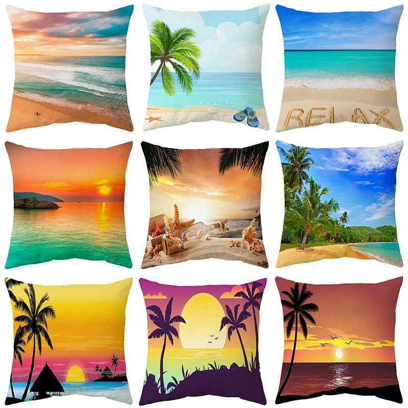 

Beach Coconut Tree Seaside Polyester Cushion Cover Travel Vacation Surfboard Pillow Case Sofa Home Cushion Case For Living Room